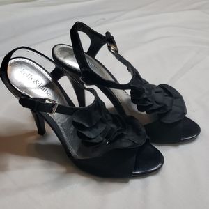 Kelly & Katie Black Ruffle Open Toe Heels